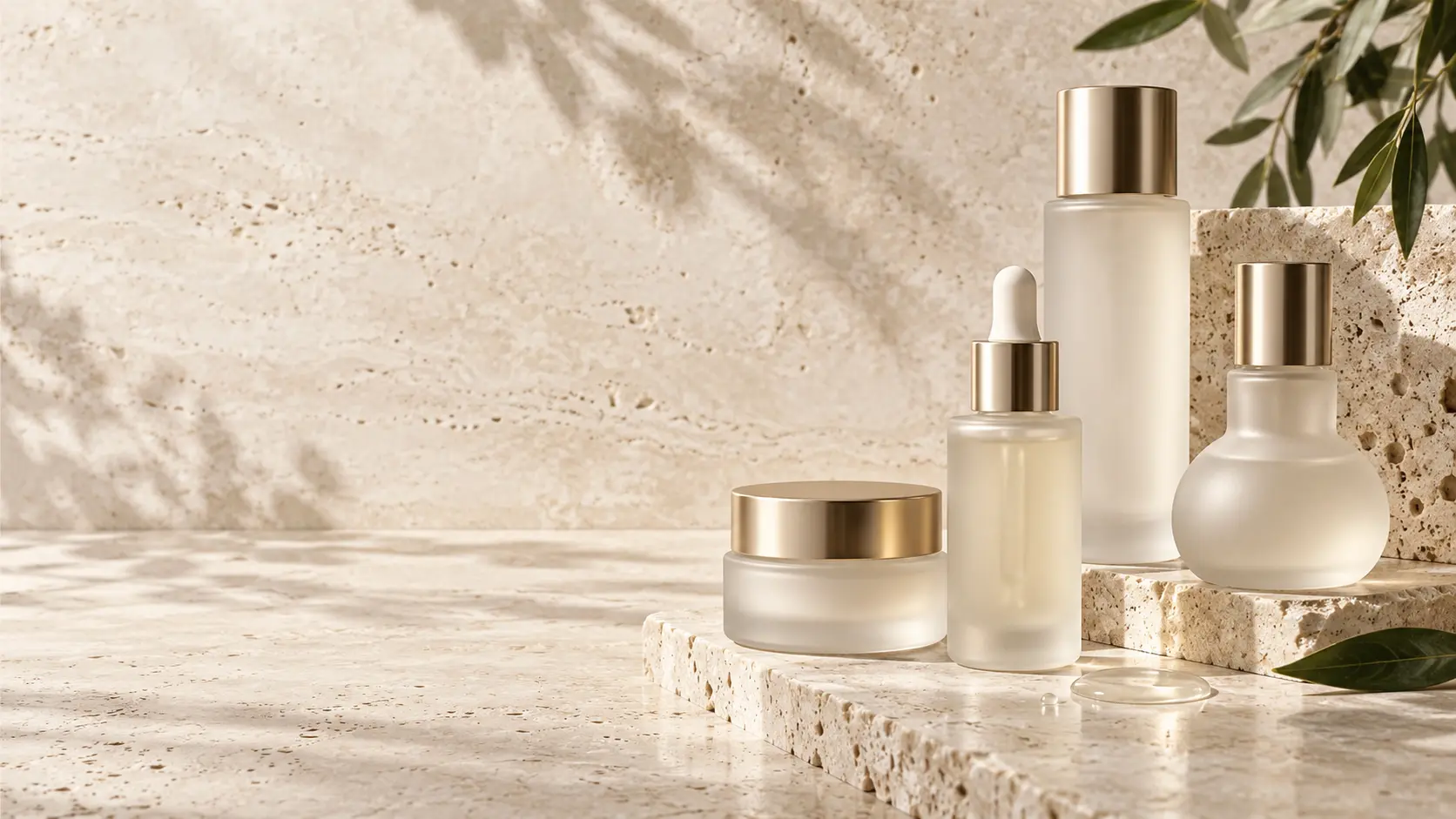 ÉLAN SKIN glass vessels arranged on pale travertine